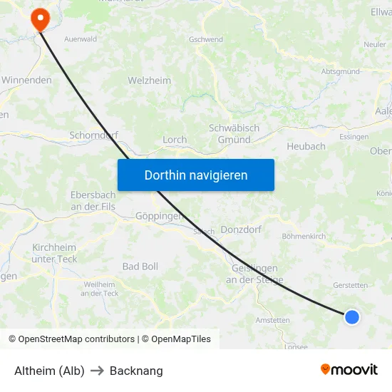 Altheim (Alb) to Backnang map