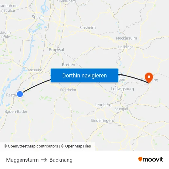 Muggensturm to Backnang map