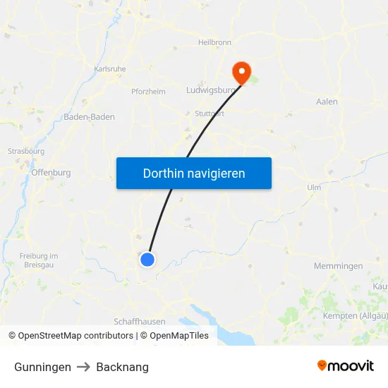 Gunningen to Backnang map