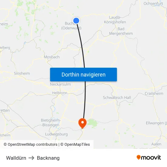 Walldürn to Backnang map
