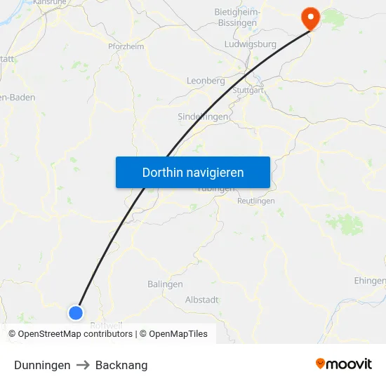 Dunningen to Backnang map