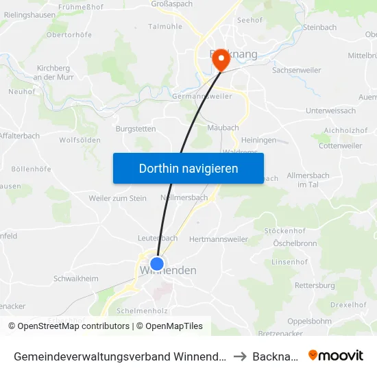 Gemeindeverwaltungsverband Winnenden to Backnang map