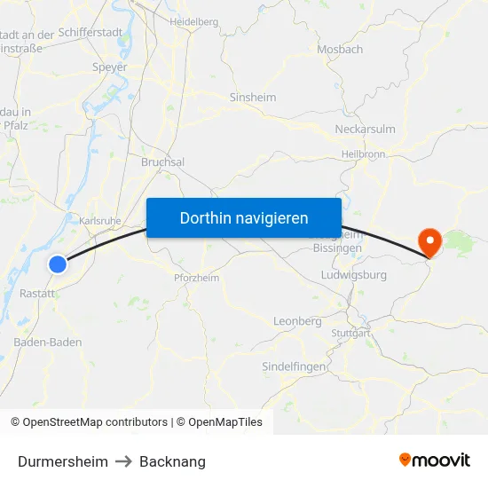 Durmersheim to Backnang map