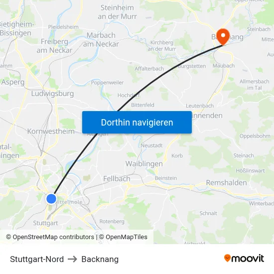 Stuttgart-Nord to Backnang map
