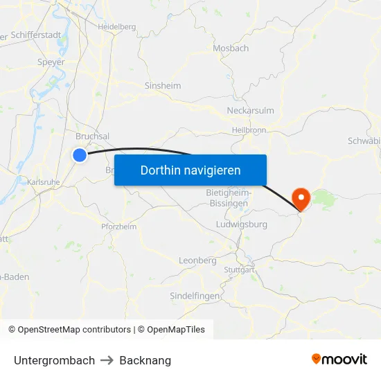 Untergrombach to Backnang map