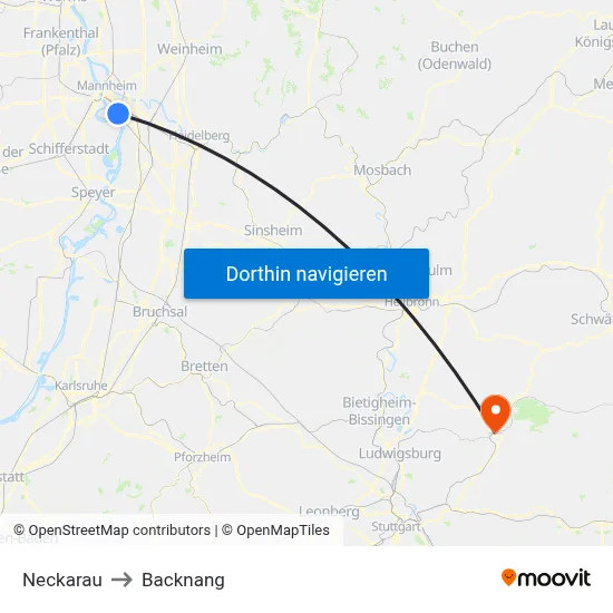 Neckarau to Backnang map