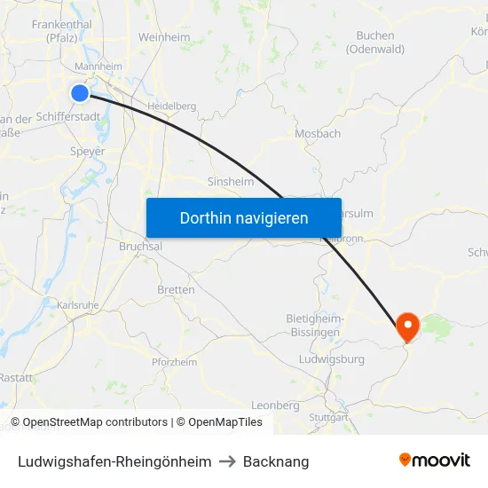 Ludwigshafen-Rheingönheim to Backnang map