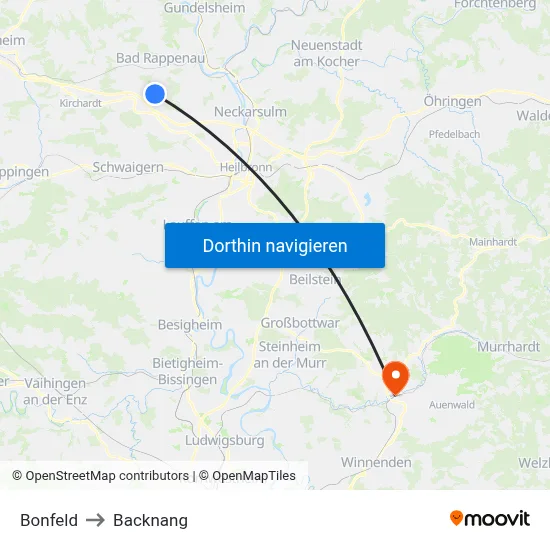 Bonfeld to Backnang map