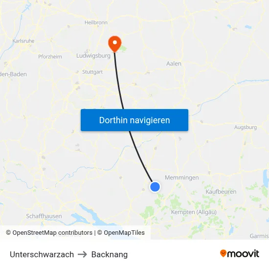 Unterschwarzach to Backnang map
