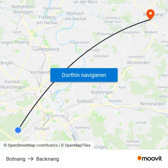 Botnang to Backnang map