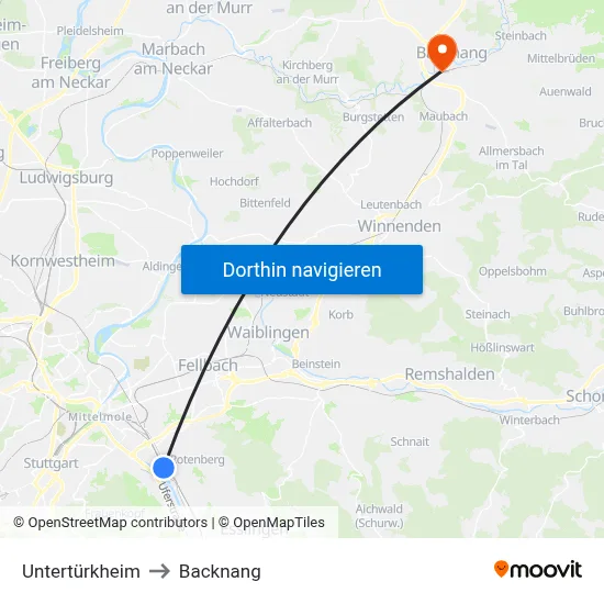 Untertürkheim to Backnang map