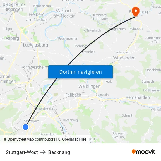 Stuttgart-West to Backnang map