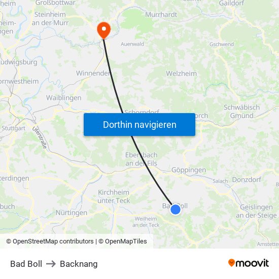 Bad Boll to Backnang map