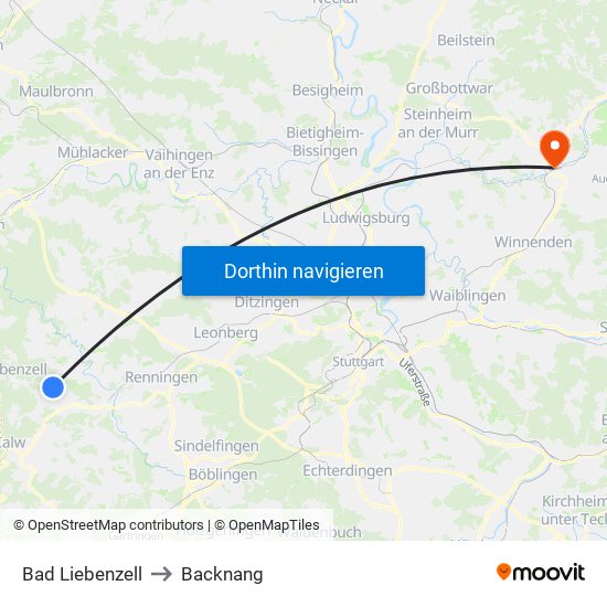 Bad Liebenzell to Backnang map