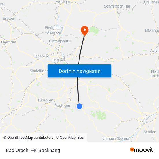 Bad Urach to Backnang map