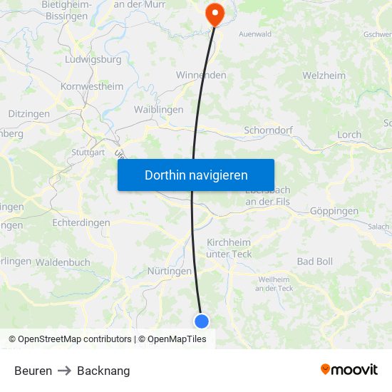 Beuren to Backnang map