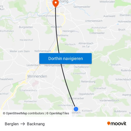 Berglen to Backnang map