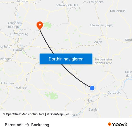 Bernstadt to Backnang map