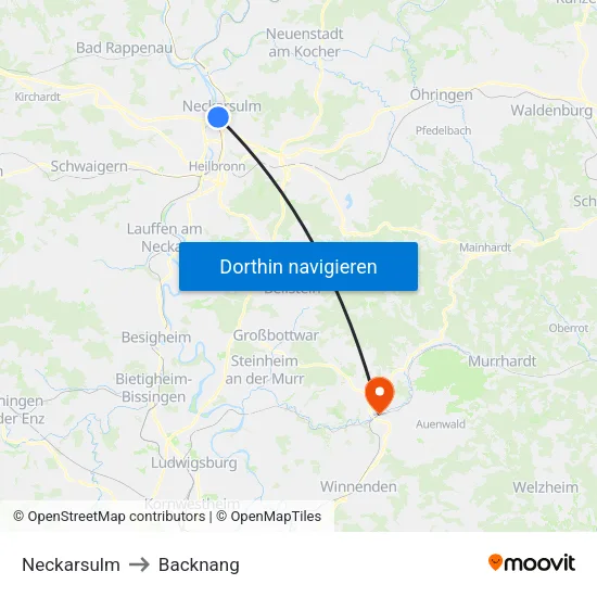 Neckarsulm to Backnang map