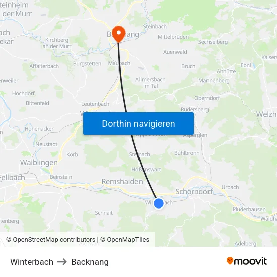 Winterbach to Backnang map