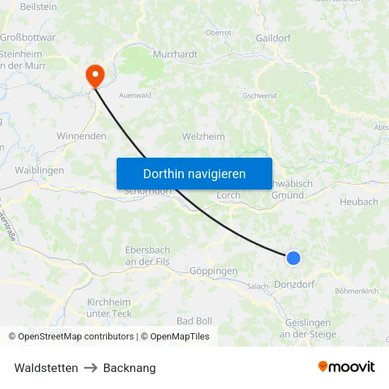 Waldstetten to Backnang map