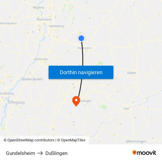 Gundelsheim to Dußlingen map
