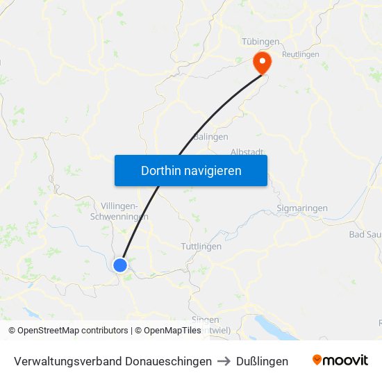 Verwaltungsverband Donaueschingen to Dußlingen map