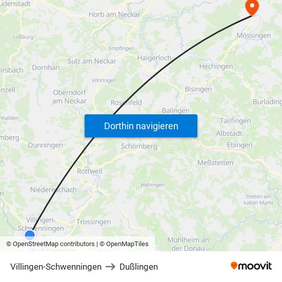 Villingen-Schwenningen to Dußlingen map