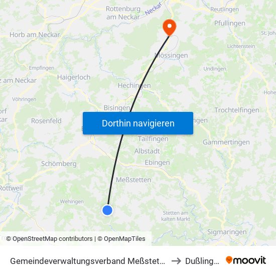 Gemeindeverwaltungsverband Meßstetten to Dußlingen map