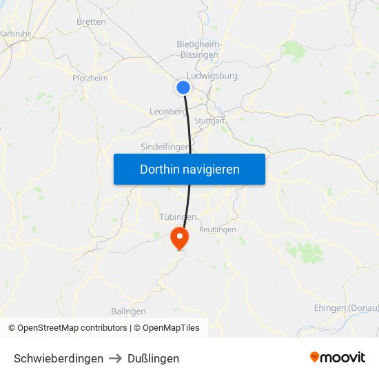 Schwieberdingen to Dußlingen map