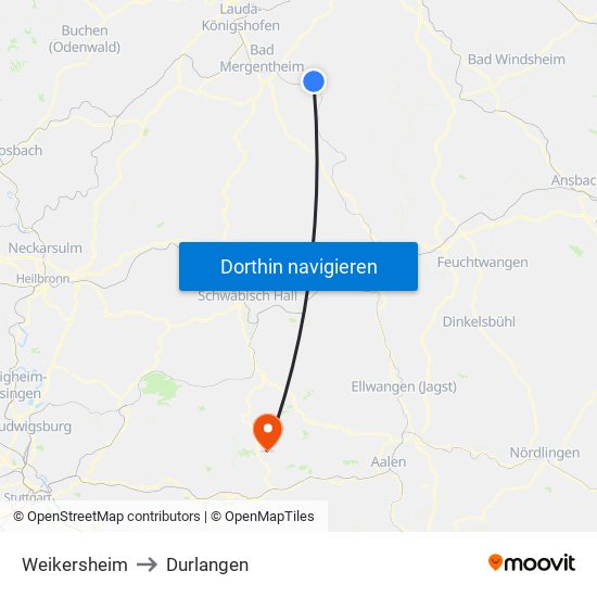 Weikersheim to Durlangen map
