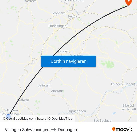 Villingen-Schwenningen to Durlangen map