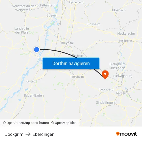 Jockgrim to Eberdingen map