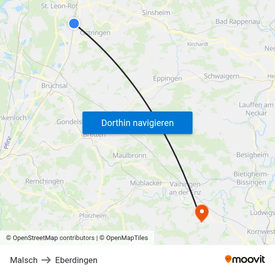 Malsch to Eberdingen map