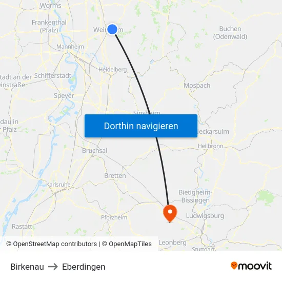 Birkenau to Eberdingen map