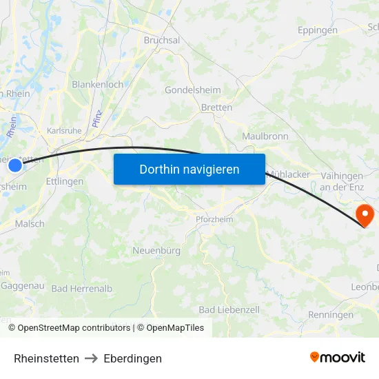 Rheinstetten to Eberdingen map