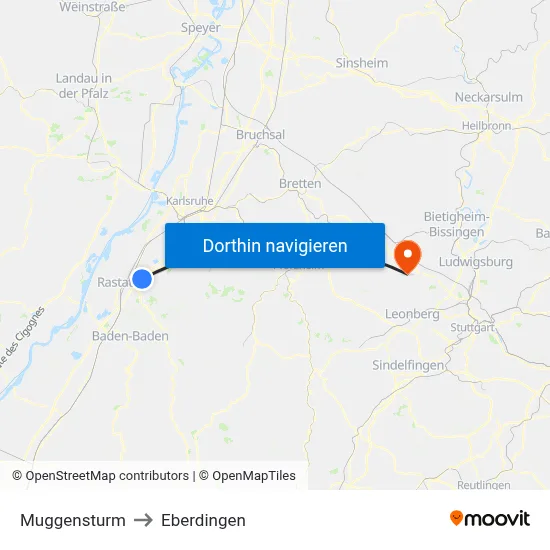 Muggensturm to Eberdingen map