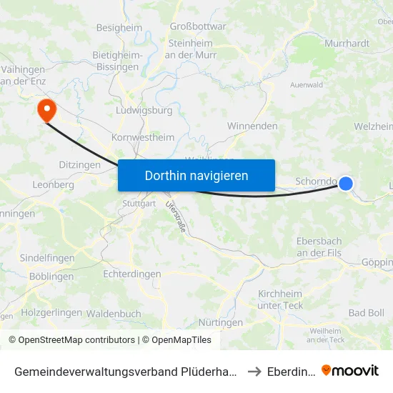 Gemeindeverwaltungsverband Plüderhausen-Urbach to Eberdingen map
