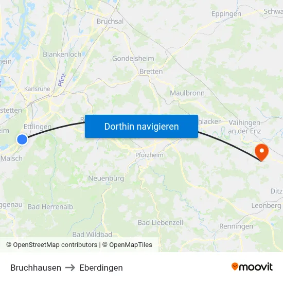 Bruchhausen to Eberdingen map