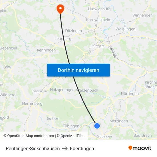 Reutlingen-Sickenhausen to Eberdingen map