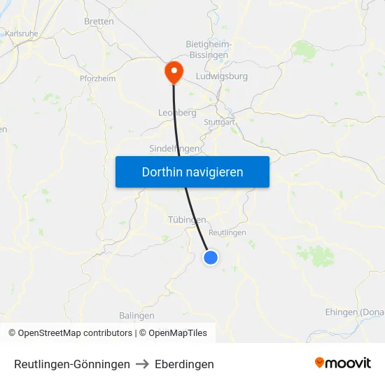 Reutlingen-Gönningen to Eberdingen map