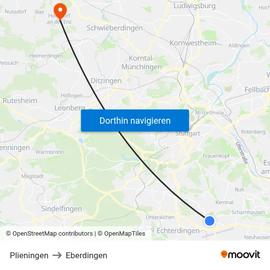 Plieningen to Eberdingen map