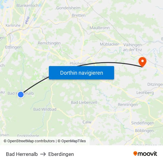 Bad Herrenalb to Eberdingen map