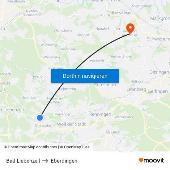 Bad Liebenzell to Eberdingen map