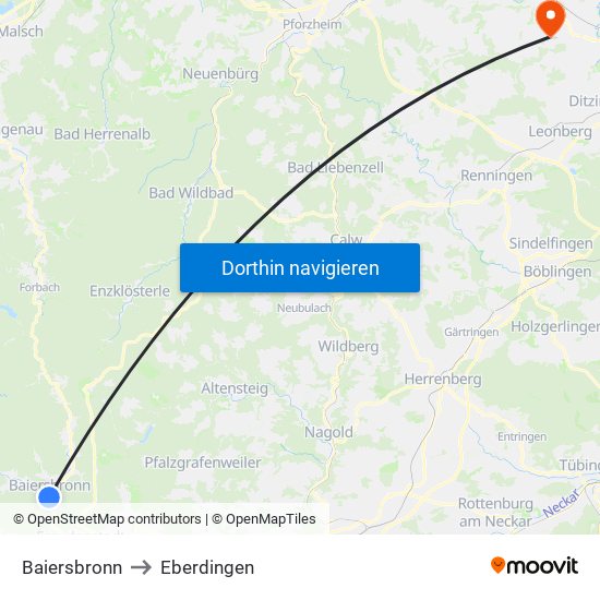 Baiersbronn to Eberdingen map