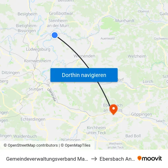 Gemeindeverwaltungsverband Marbach am Neckar to Ebersbach An Der Fils map