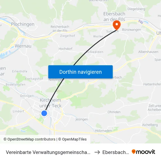 Vereinbarte Verwaltungsgemeinschaft Der Stadt Kirchheim Unter Teck to Ebersbach An Der Fils map