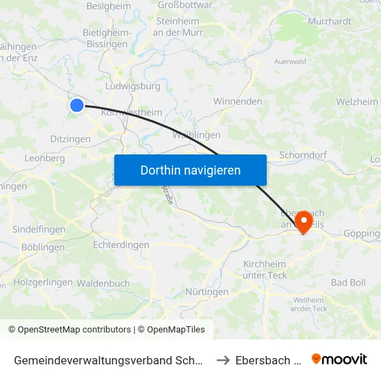 Gemeindeverwaltungsverband Schwieberdingen-Hemmingen to Ebersbach An Der Fils map