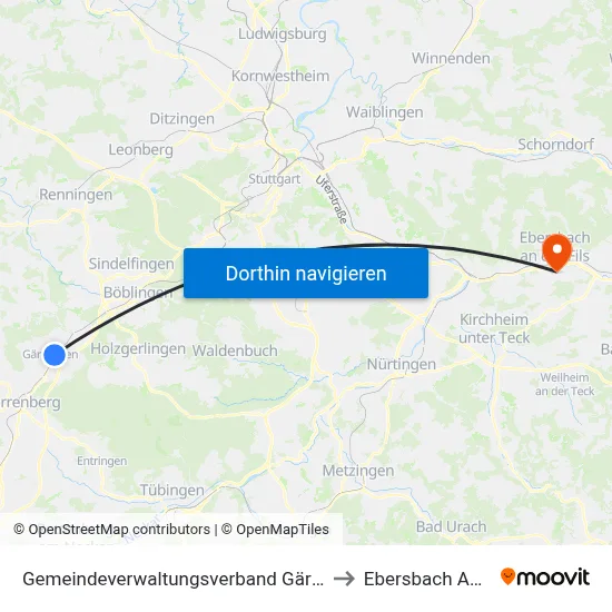 Gemeindeverwaltungsverband Gärtringen/Ehningen to Ebersbach An Der Fils map
