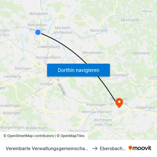 Vereinbarte Verwaltungsgemeinschaft Der Stadt Bietigheim-Bissingen to Ebersbach An Der Fils map